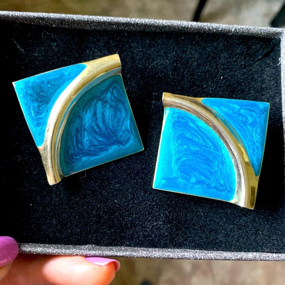 Jewelry - Vintage 80’s Earrings Blue and Gold Wavy Squares